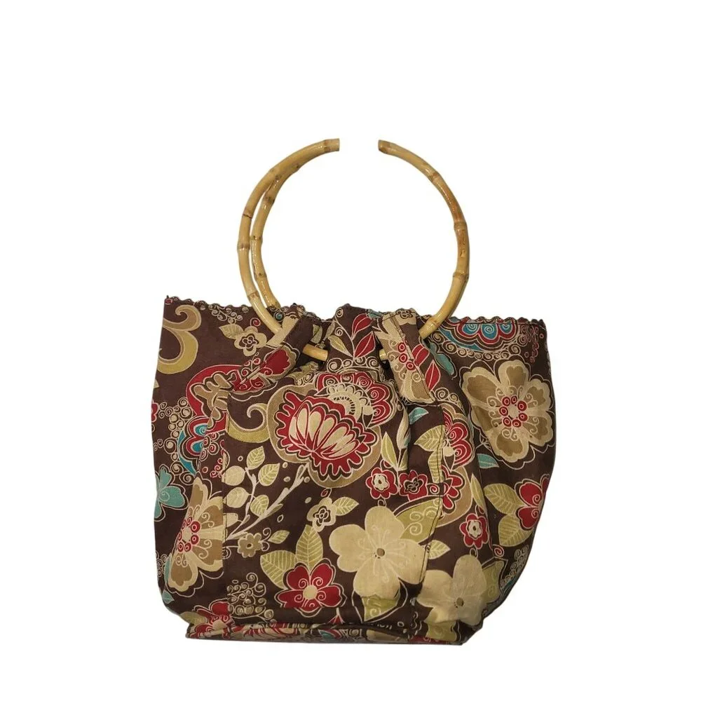 Tianni Floral Embroidered Boho Fabric Handbag With Bamboo Ring Handles